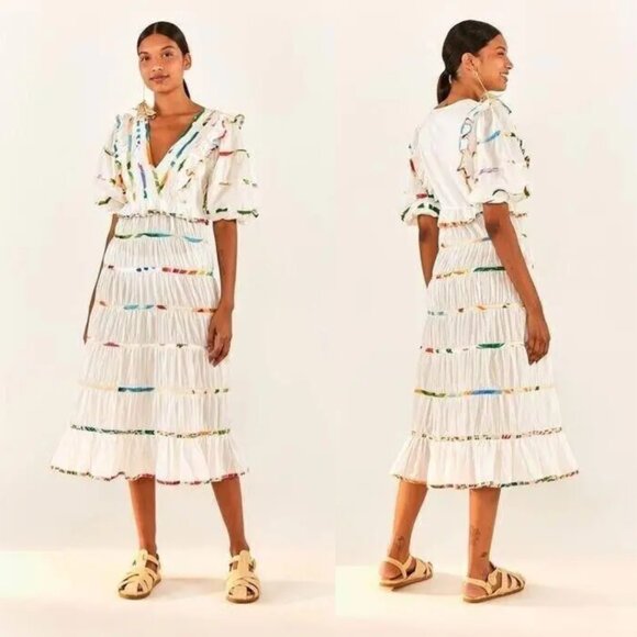 NWT Farm Rio Midi Dress Mixed Prints Off White V-Neck Short Puff Sleeves Ruffled - Picture 2 of 8